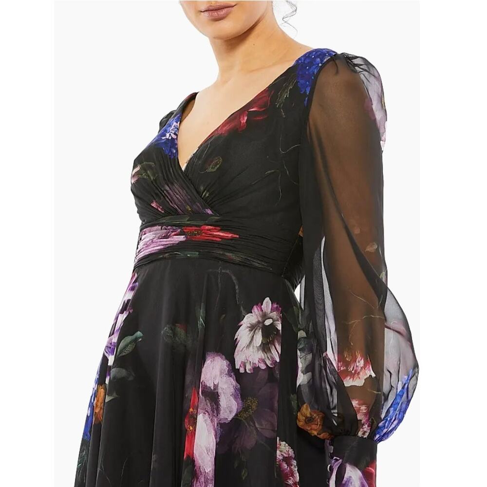 Mac Duggal Long Sleeve Floral Chiffon Gown Black Print 67872 Sz 2 NWT Romantic - Picture 4 of 16